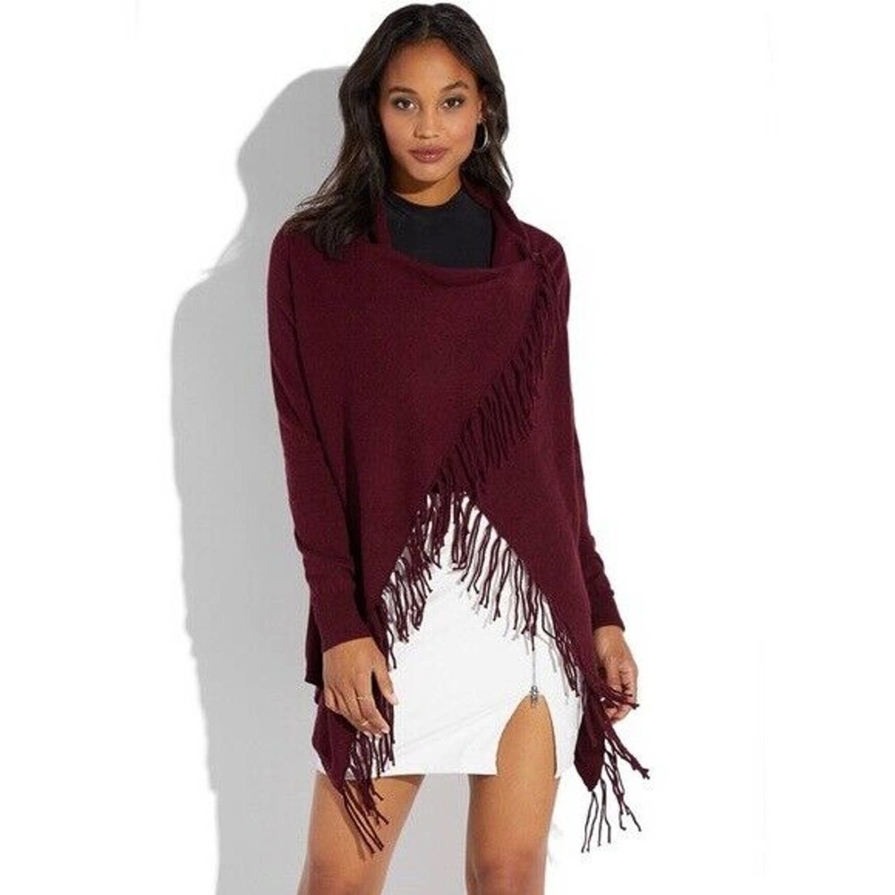 Love Tree Viscose Blend Fringe Cardigan Soft & Cozy Yarn Sweater Burgundy Small